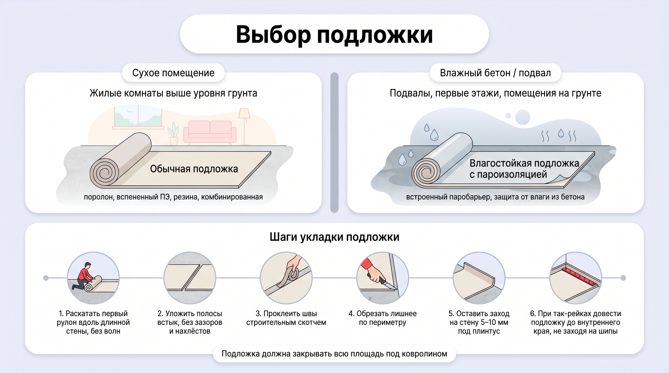 Интерьер комнаты с разрезом пола: слева над бетонной плитой лежит обычная подложка и ковролин в сухом, светлом жилом помещении; справа показан подвал или первый этаж над холодным